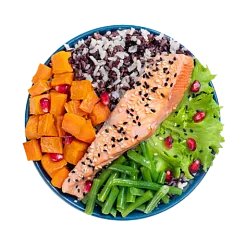 Салат-боул с семгой на пару, кенийской фасолью и гранатом