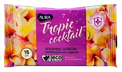 Влажные салфетки АУРА Тропический коктейль антибактериальные 15шт